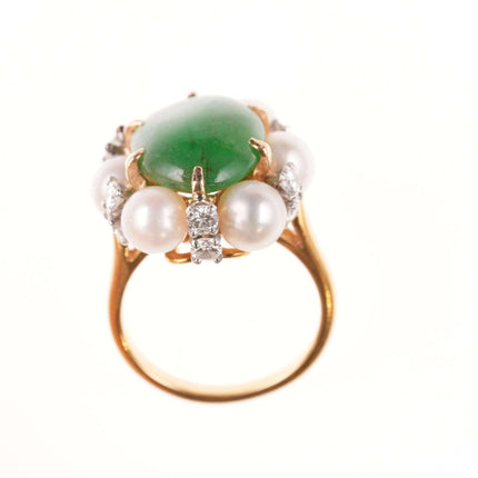 Sz6 Estate 18k Jadeite, Diamond, and pearl ring