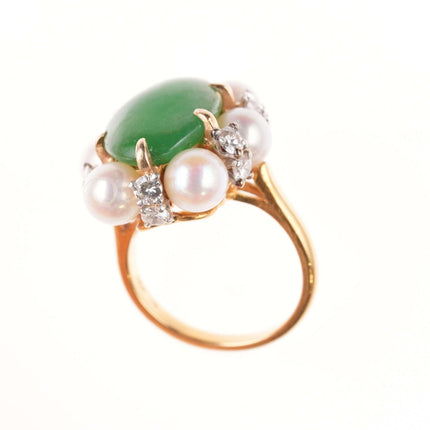 Sz6 Estate 18k Jadeite, Diamond, and pearl ring