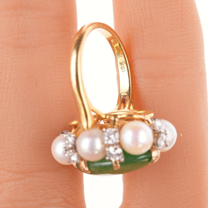 Sz6 Estate 18k Jadeite, Diamond, and pearl ring