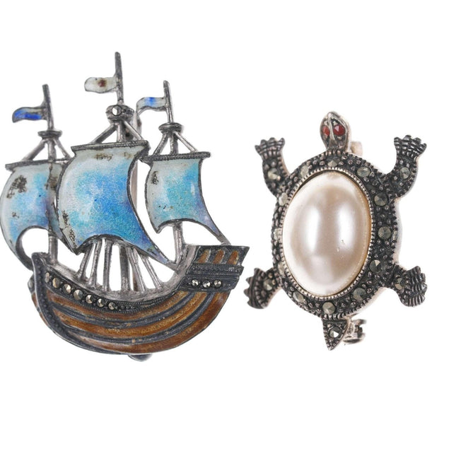 Vintage Germany Sterling enamel Marcasite Ship pin and Thai turtle