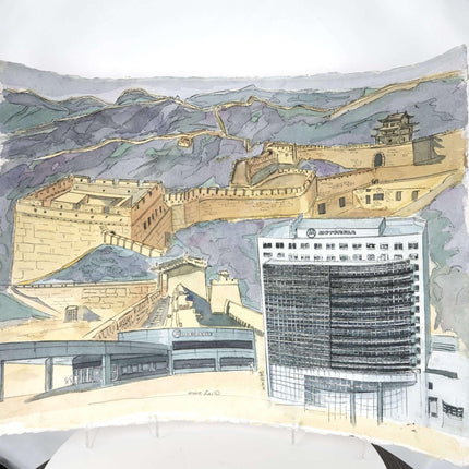 Grace Lai (1927-2010) Aquarellmalerei des Motorola-Büros in Peking während der Bauphase.