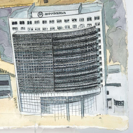 Grace Lai (1927-2010) Aquarellmalerei des Motorola-Büros in Peking während der Bauphase.