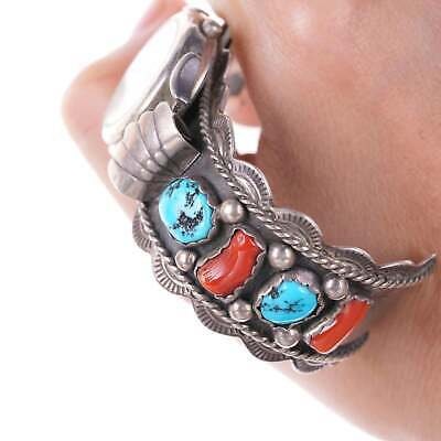 Vintage Native American Coral and turquoise Sterling Watch Bracelet