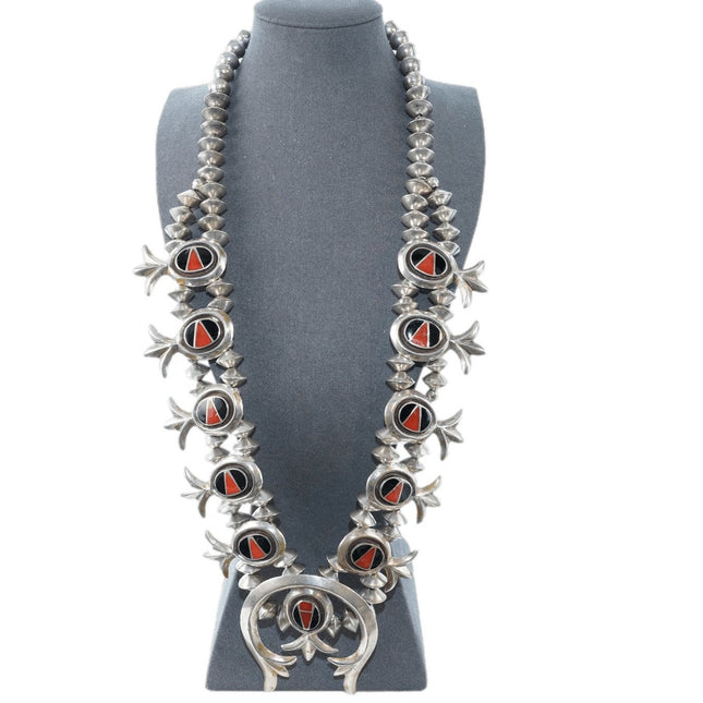 Vintage Tufa cast Silver Channel inlay Coral and jet squash blossom necklace