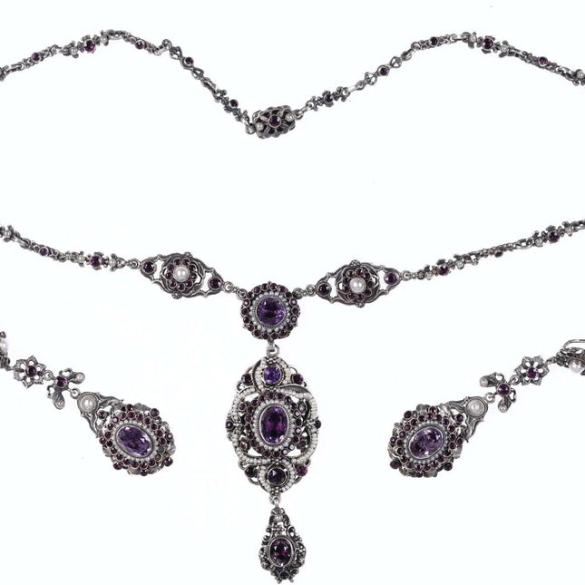 c1900 Austrian Silver/Amethyst/pear/necklace and screw back earring set