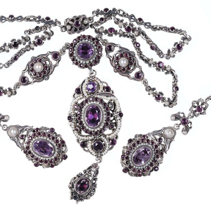 c1900 奥地利银/紫水晶/梨/项链和螺丝背耳环套装