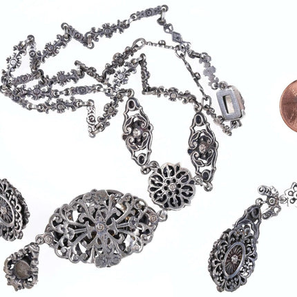Um 1900 österreichisches Silber/Amethyst/Birne/Halskette und Schraubverschluss-Ohrring-Set
