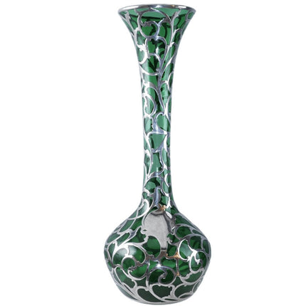 c1900 Large American Sterling Silver Overlay Vase over emerald green glass
