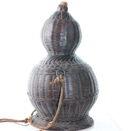 Antique Japanese Calabash Sake Bottle Hyotan Natural Gourd with Woven basket ext