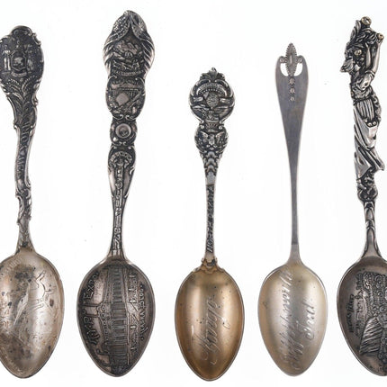 5 c1900 Sterling Souvenir spoons