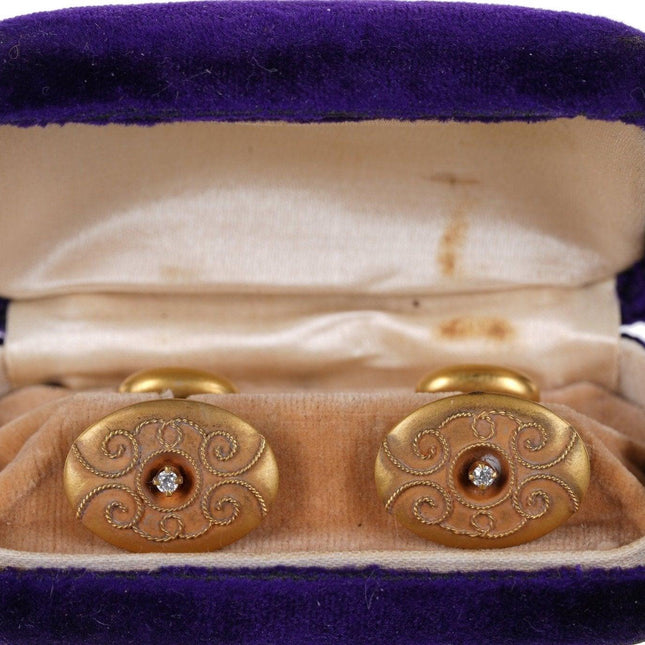 古董 14k 黄金/钻石袖扣，带原盒。
