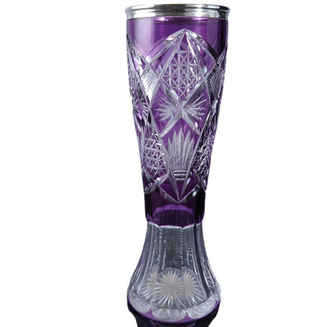 古董 800 银镶嵌紫水晶切割透明花瓶