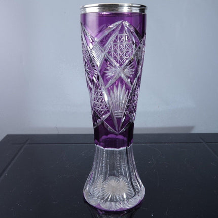 Antique 800 Silver Mounted Amethyst Cut to clear Vase