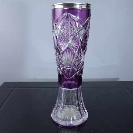 古董 800 银镶嵌紫水晶切割透明花瓶