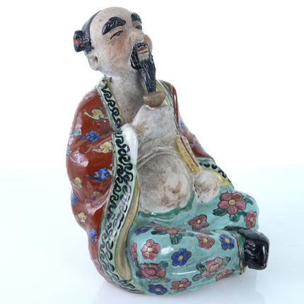 Antique Chinese Famille Rose Figure holding cup and Tablet