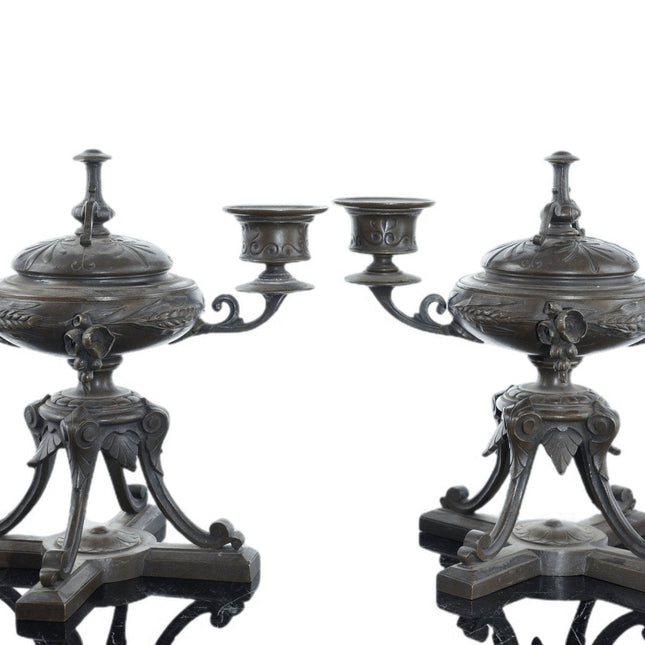c1870 French Bronze Censer/Candlesticks pair