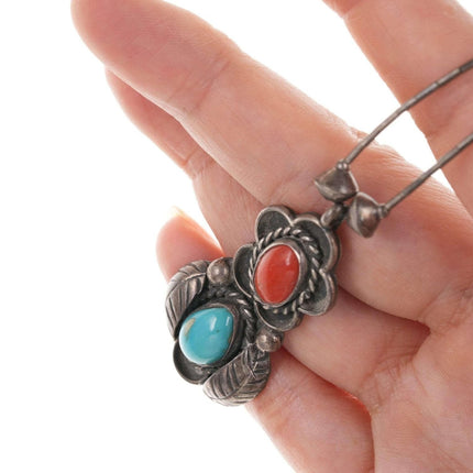 Vintage Native American Sterling turquoise and coral pendant/necklace.