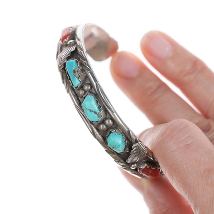 6.5" Vintage Lasiloo Zuni Sterling Carved Coral and Turquoise cuff bracelet