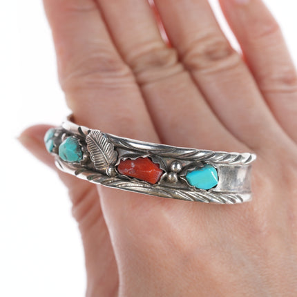 6.5" Vintage Lasiloo Zuni Sterling Carved Coral and Turquoise cuff bracelet