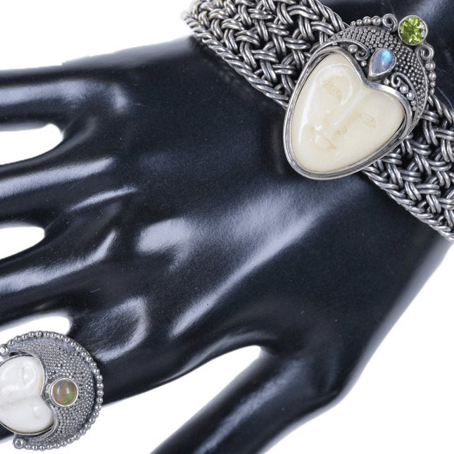 Vintage schweres Sterling-Armband und Ring mit geschnitztem Gesicht