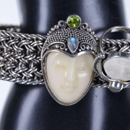 复古重型纯银雕花手链和戒指