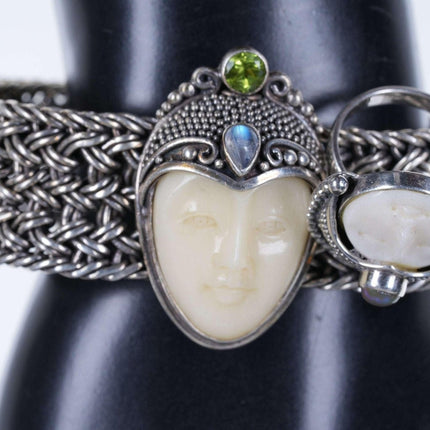 Vintage Heavy Sterling Carved face Bracelet and ring