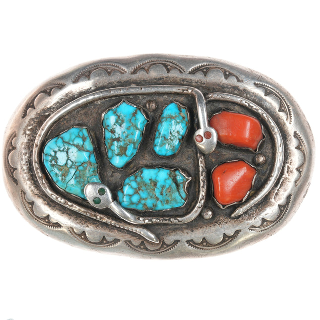 1960's G Calavaza Zuni Sterling turquoise, and coral snakes belt buckle