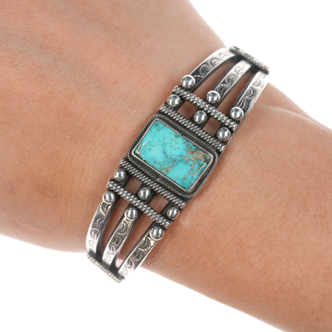 6 1/8" c1930's Navajo Ingot Silver triple shank turquoise cuff bracelet