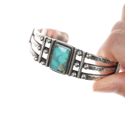6 1/8" c1930's Navajo Ingot Silver triple shank turquoise cuff bracelet