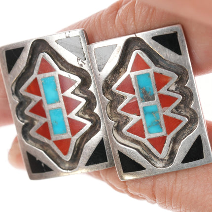 50's-60's Zuni Flush inlay Sterling Turquoise, Coral, and Jet modernist cufflinks