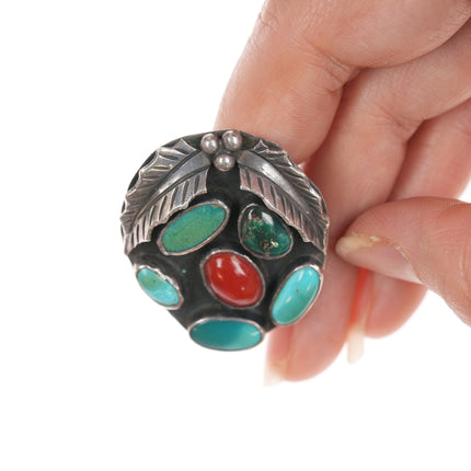 sz6 Vintage Native American silver turquoise, coral xmassy ring