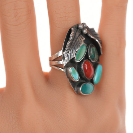sz6 Vintage Native American silver turquoise, coral xmassy ring