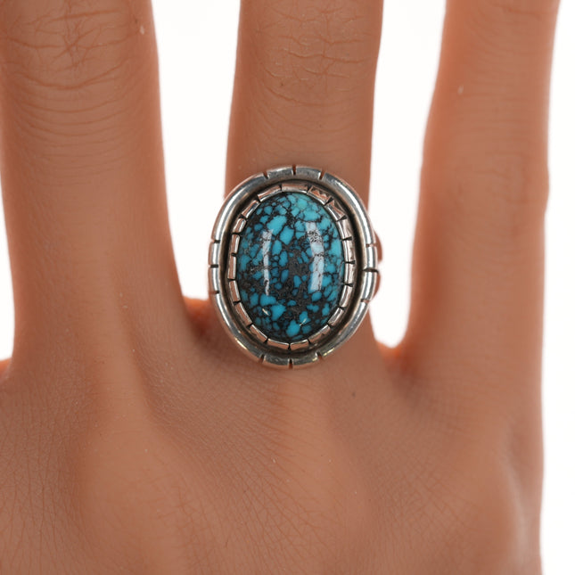 sz6.25 Vintage Navajo high grade spiderweb turquoise silver ring with fancy bezel