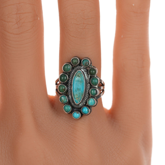 sz5 30's-40's Zuni Turquoise cluster silver ring