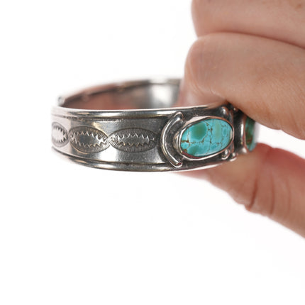6.5" 30's-40's Navajo silver turquoise row cuff bracelet w/4 stones