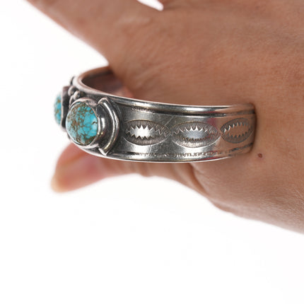 6.5" 30's-40's Navajo silver turquoise row cuff bracelet w/4 stones