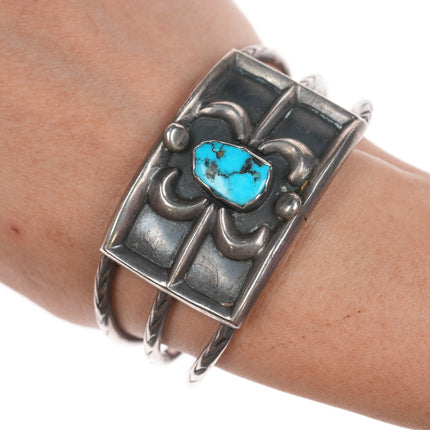 6 3/8" 50's-60's Native American silver triple shank  turquoise cuff bracelet