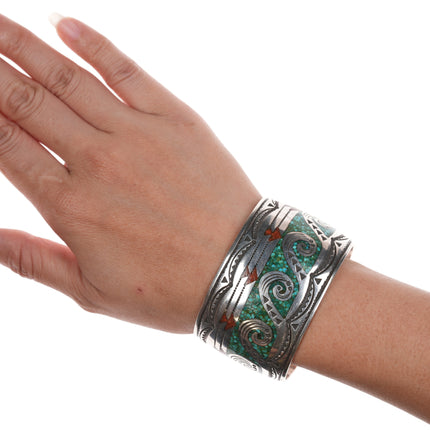 6.75" Tommy Singer (1940-2014) Navajo Intricately stamped silver chip inlay cuff bracelet