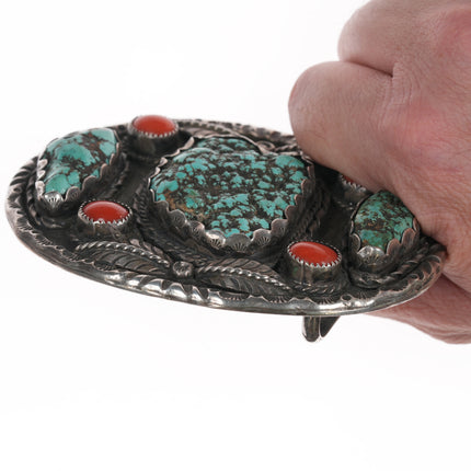 Large Vintage Native American silver, turquoise, and coral belt buckle