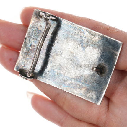 Vintage Navajo Silver overlay turquoise inlaid belt buckle