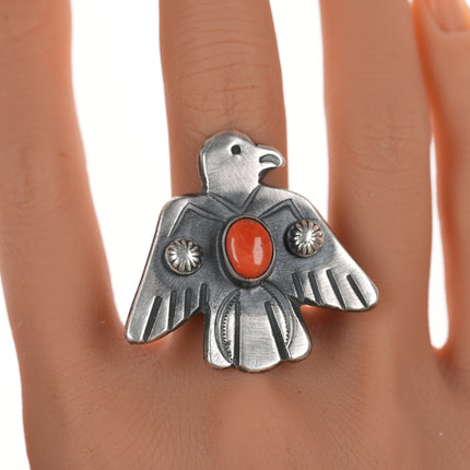sz9.5 Large Chimney Butte Navajo silver and coral thunderbird ring