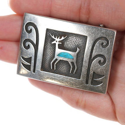 Vintage Navajo Silver overlay turquoise inlaid belt buckle