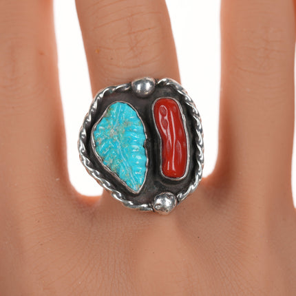 sz9 DH 1976 Native American silver, carved turquoise and coral ring