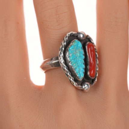 sz9 DH 1976 Native American silver, carved turquoise and coral ring