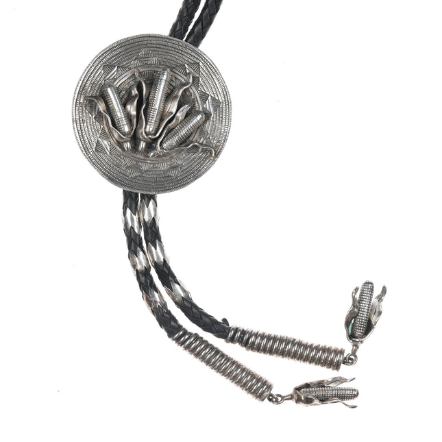 46" Large Navajo silver corn themed bolo tie with fancy tips