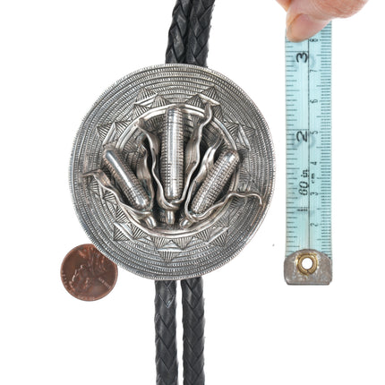 46" Large Navajo silver corn themed bolo tie with fancy tips