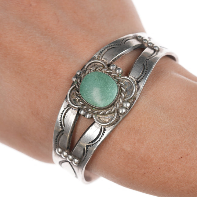 6.5" 40's-50's Navajo silver turquoise hand stamped cuff bracelet