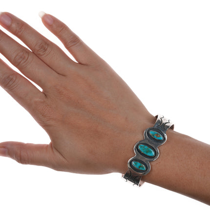 Vintage Navajo High grade turquoise silver row cuff bracelet