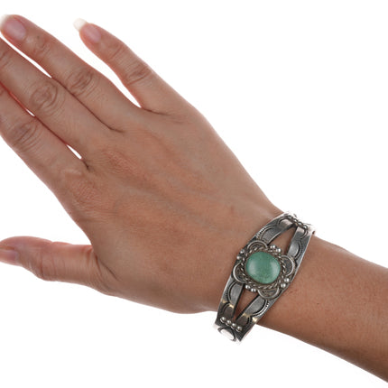 6.5" 40's-50's Navajo silver turquoise hand stamped cuff bracelet