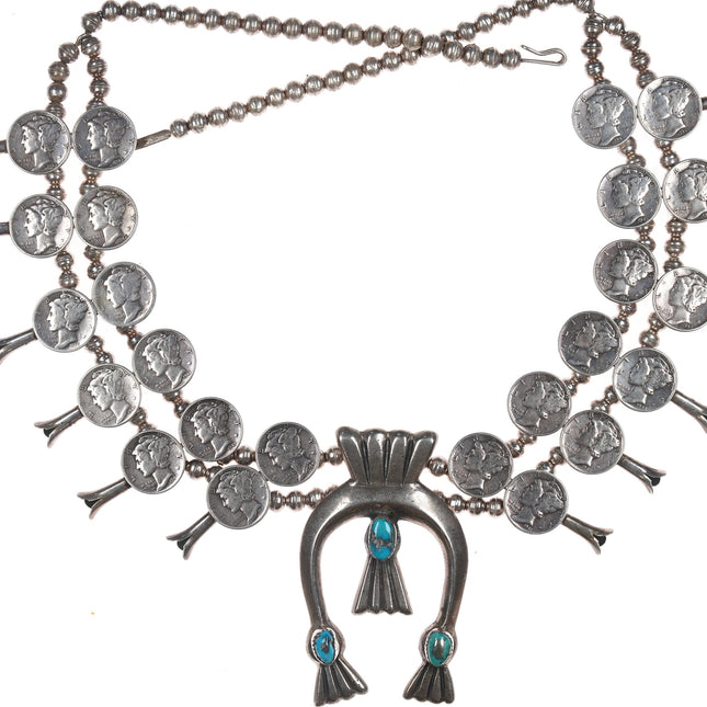 Dene Tsosie Bini Navajo Silver and turquoise 1940's dimes squash blossom necklace